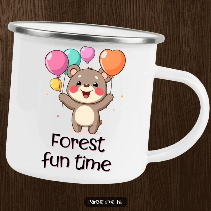 Funny camping mug with a happy bear character juggling colorful balloons, perfect for cheerful outdoor enjoyment.