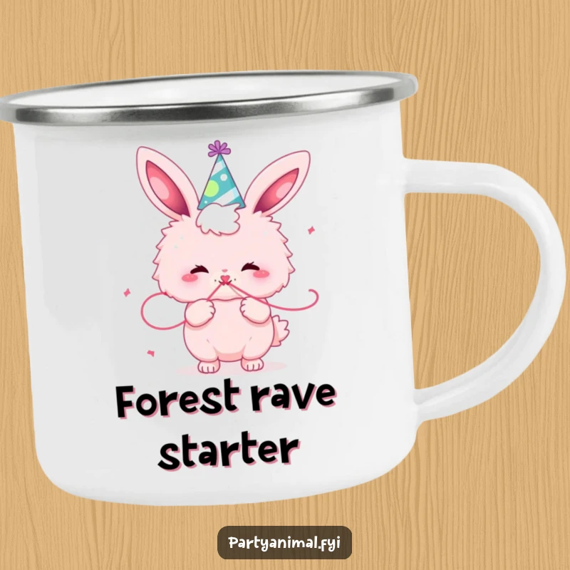 Funny fluffy pink bunny character in a party hat, blowing a streamer, ready for fun outdoor celebrations.