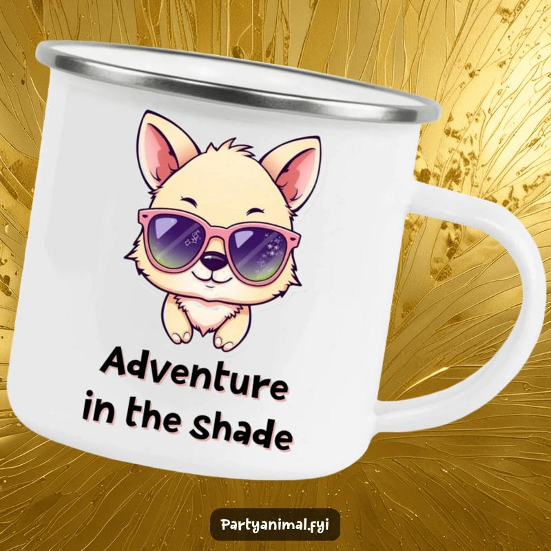 Durable funny camping mug with an animal character winking in oversized, sparkling sunglasses, perfect for rugged adventures and cool vibes.