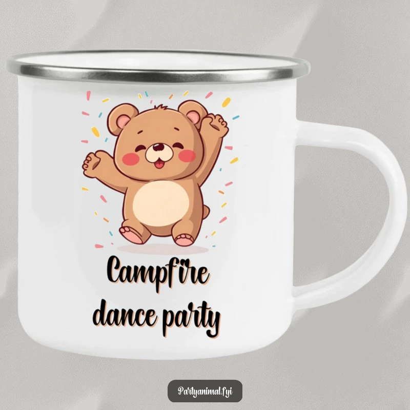 Chubby bear dancing wildly with confetti falling on a durable camping mug, perfect for outdoor celebrations.