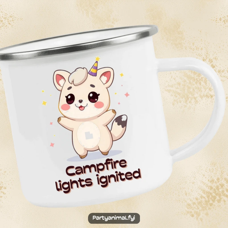 Funny animal character bouncing under party lights during an outdoor adventure, perfect for festive campfire moments.