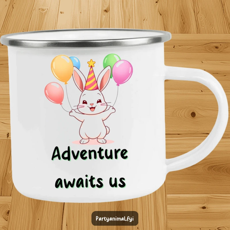 Cute bunny wearing a party hat juggles colorful balloons on a durable camping mug, perfect for outdoor fun.
