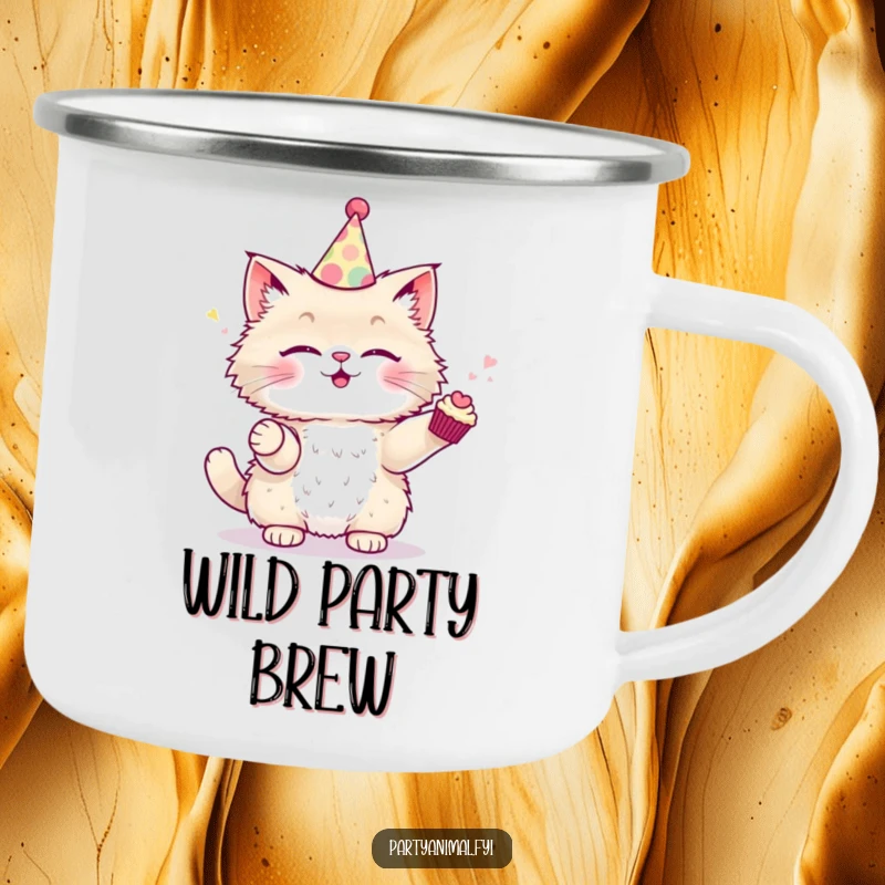 Funny Camping Mug depicting a fluffy cat in a party hat, juggling tiny cupcakes, perfect for outdoor fun.