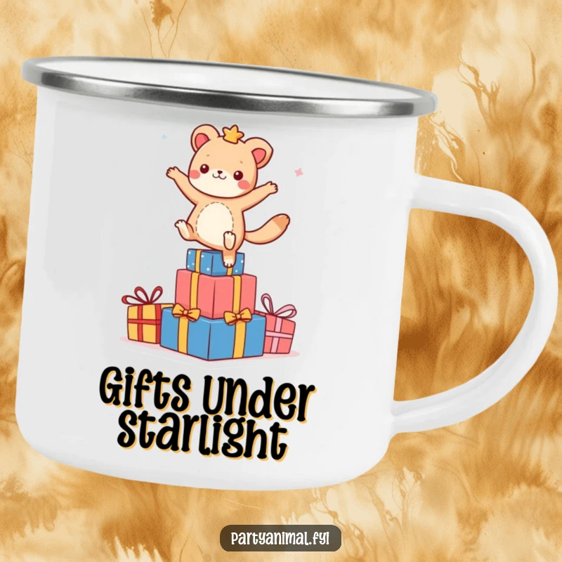 Durable funny camping mug with an animal character dancing on colorful presents, perfect for celebrating adventures in the wild.