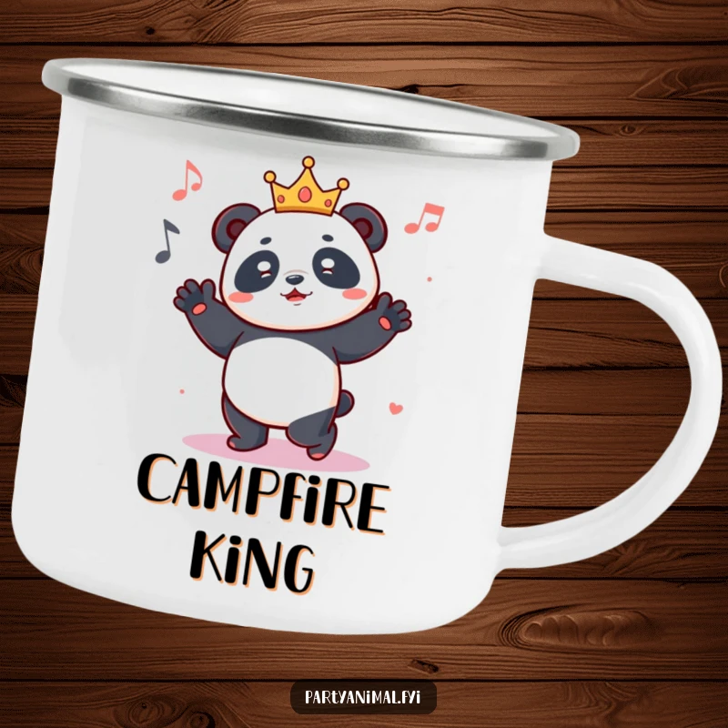 Funny camping mug featuring a joyful panda wearing a small crown, dancing energetically, bringing royal party vibes to the outdoors.