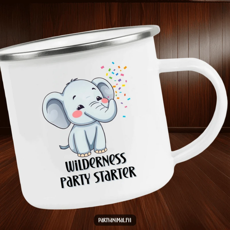 Funny camping mug featuring a happy elephant blowing a colorful stream of confetti from its trunk, ready for outdoor fun.