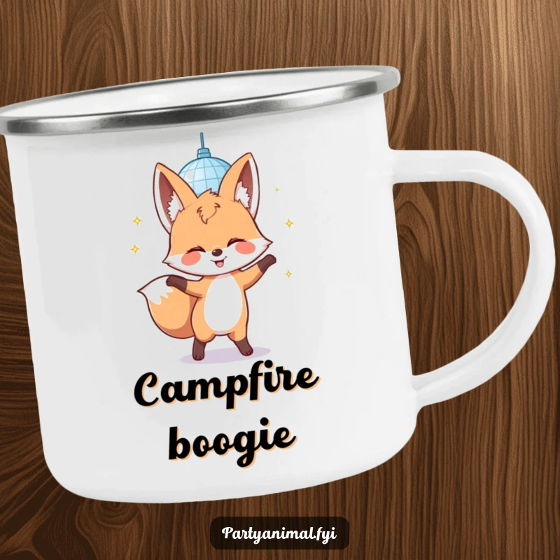 Funny camping mug with a giggling fox character dancing under a disco mirror ball, perfect for festive outdoor enjoyment.