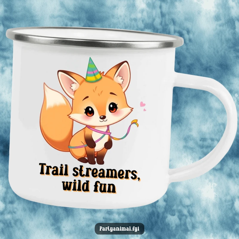 Funny Camping Mug showcasing a curious fox with a party streamer on its tail, ideal for outdoor beverages with a humorous and charming woodland design.