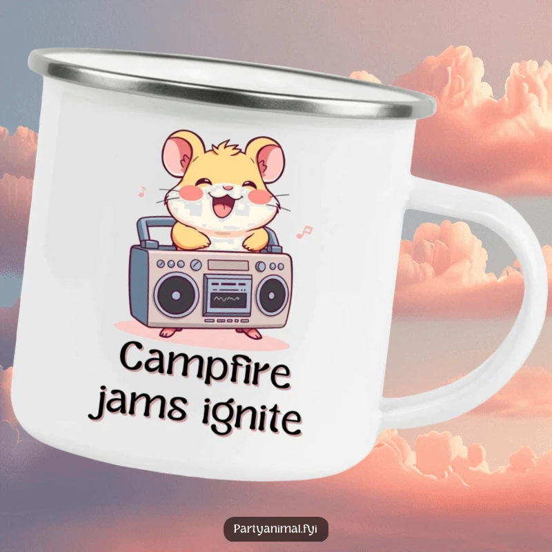 Funny hamster camping mug, a cheerful character riding a boombox, grooving to music, perfect for outdoor enthusiasts who love tunes.