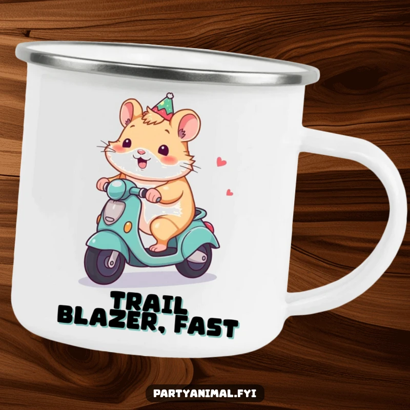Funny Hamster Camping Mug: A smiling hamster rides a decorated party scooter, ready for coffee breaks on any outdoor adventure.