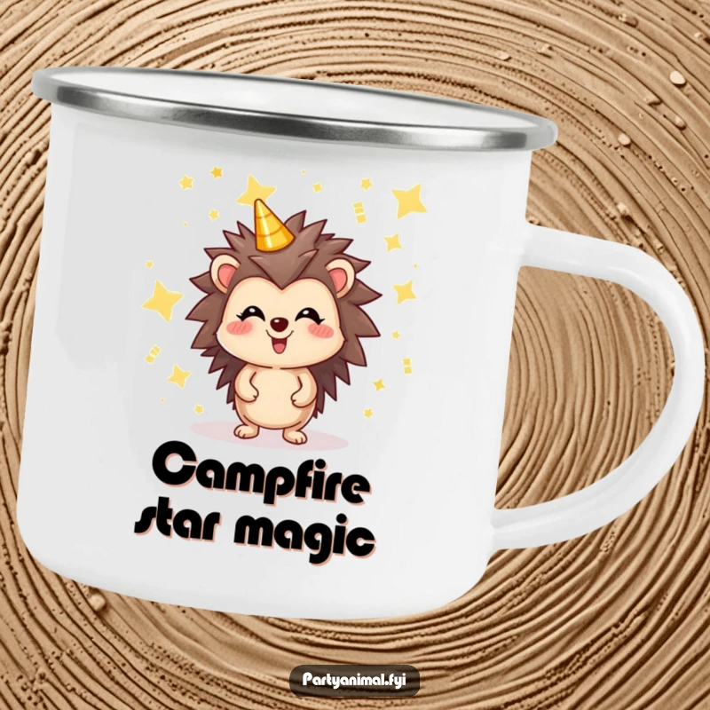 Funny camping mug featuring a joyful hedgehog surrounded by shimmering party stars, perfect for enjoying starry nights and outdoor adventures.