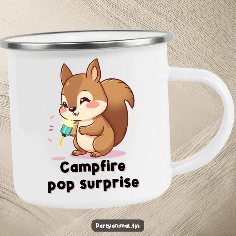 Funny Kawaii Squirrel Camping Mug: Cute squirrel examining a glowing party popper, ideal for outdoor exploration and curious minds.