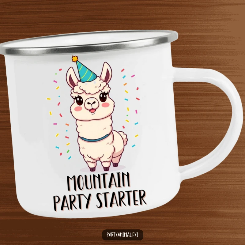 Funny llama camping mug showing a cheerful llama in a party hat juggling colorful confetti, built for adventure.