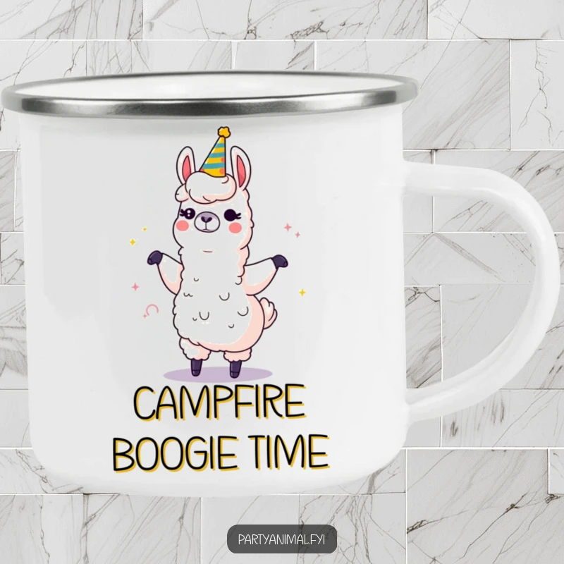 Funny camping mug featuring a winking llama character dancing with a giant, sparkling party horn, ready for outdoor fiesta fun.