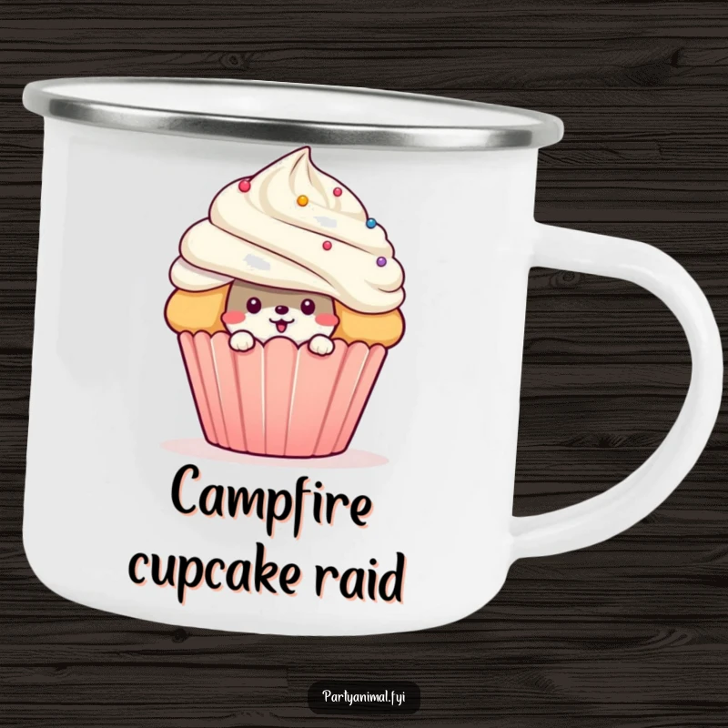 Durable funny camping mug with a mischievous animal character peeking from behind a giant cupcake, perfect for sweet outdoor adventures.