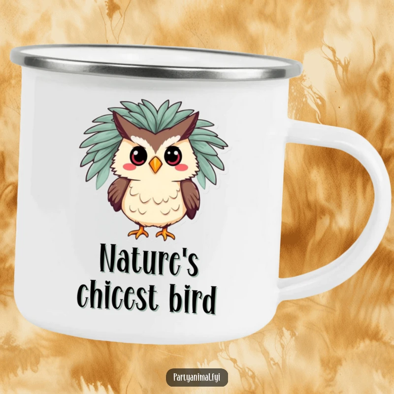 Funny camping mug featuring a silly owl in a glamorous feathered boa, striking a pose, perfect for dramatic outdoor sips.