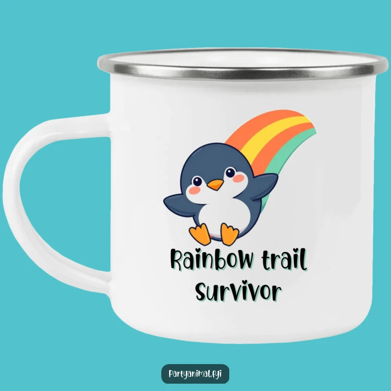 Funny Penguin Rainbow Slide Camping Mug - Outdoor Adventure Fun