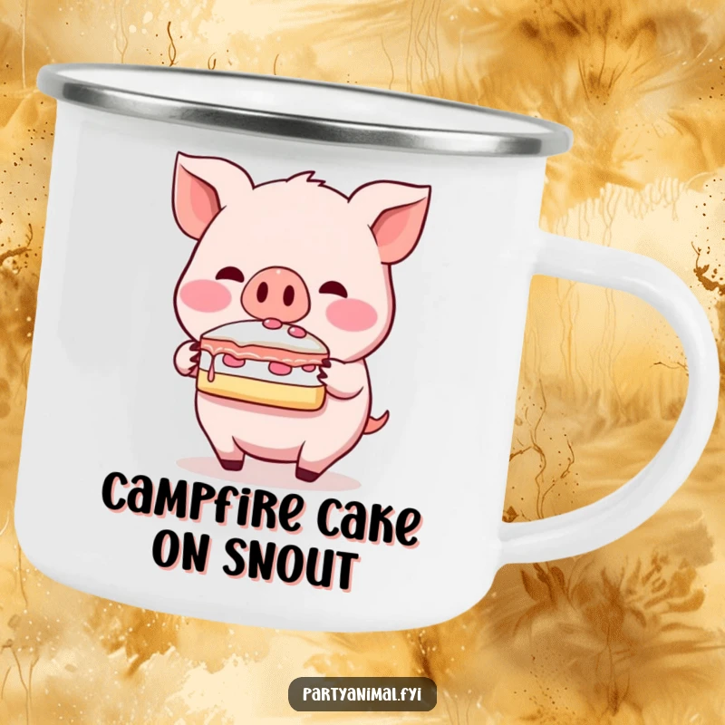 Funny pig camping mug, a blushing character balancing a slice of cake on its snout, perfect for sweet treats during outdoor adventures.
