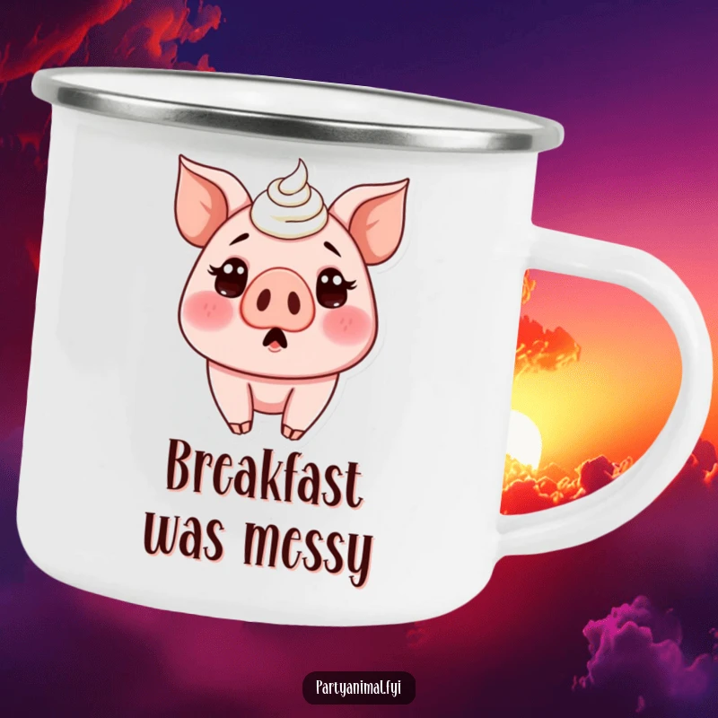 Funny camping mug featuring a surprised pig with its nose covered in cake frosting, ready for an outdoor beverage break.