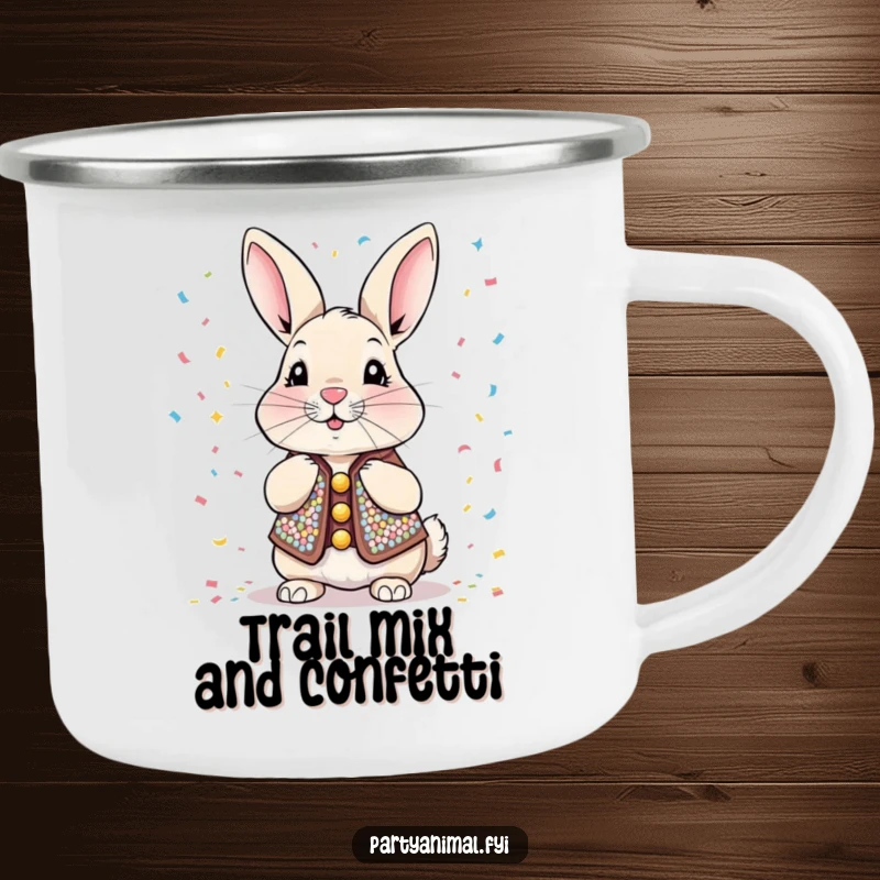 Funny Camping Mug showcasing a sequined rabbit blowing confetti, perfect for enjoying beverages outdoors with a dose of playful, festive humor.