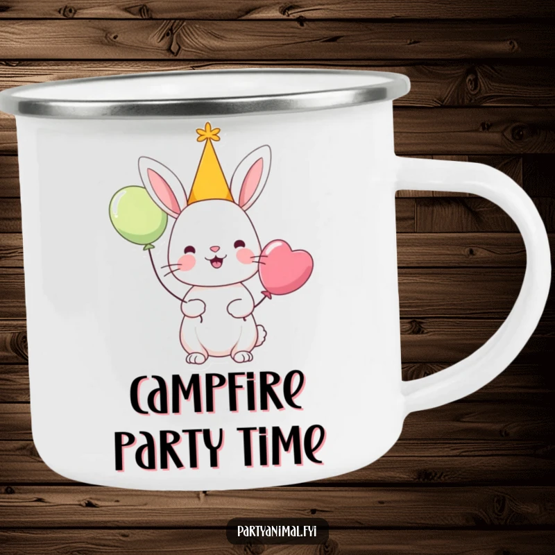 Funny camping mug with a cheerful rabbit character in a party hat holding a balloon, durable for outdoor celebrations.