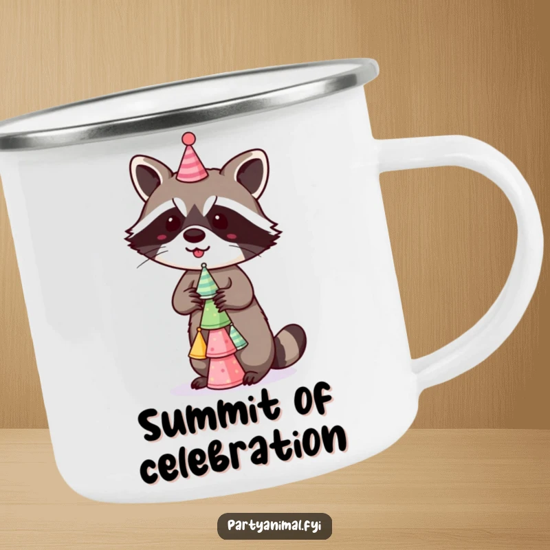 Funny Camping Mug showcasing a mischievous raccoon balancing a stack of tiny party hats, ideal for outdoor beverages with a humorous and charming bandit design.