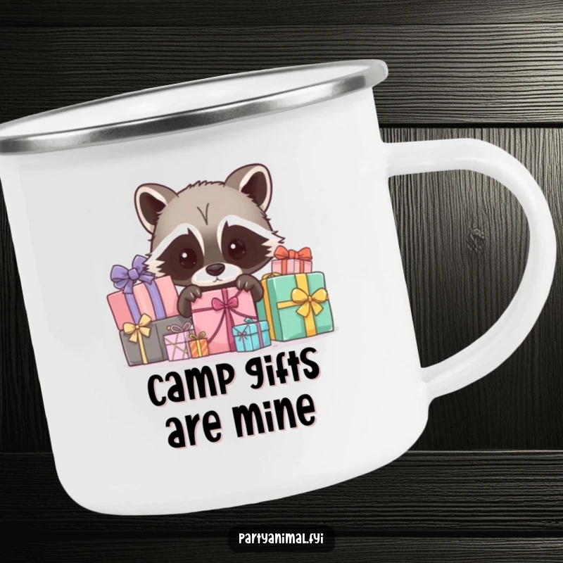 Funny raccoon camping mug, a curious character peeking out from behind wrapped gifts, perfect for adventures and a touch of mischief.
