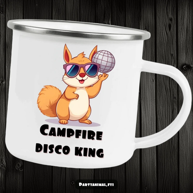 Funny squirrel camping mug with tiny sunglasses and a disco ball, perfect for cool outdoor adventures.