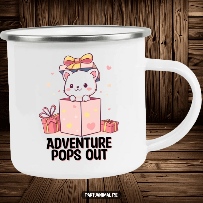 Funny Camping Mug: A small animal character bursts from a festive gift box, ready for outdoor surprises.