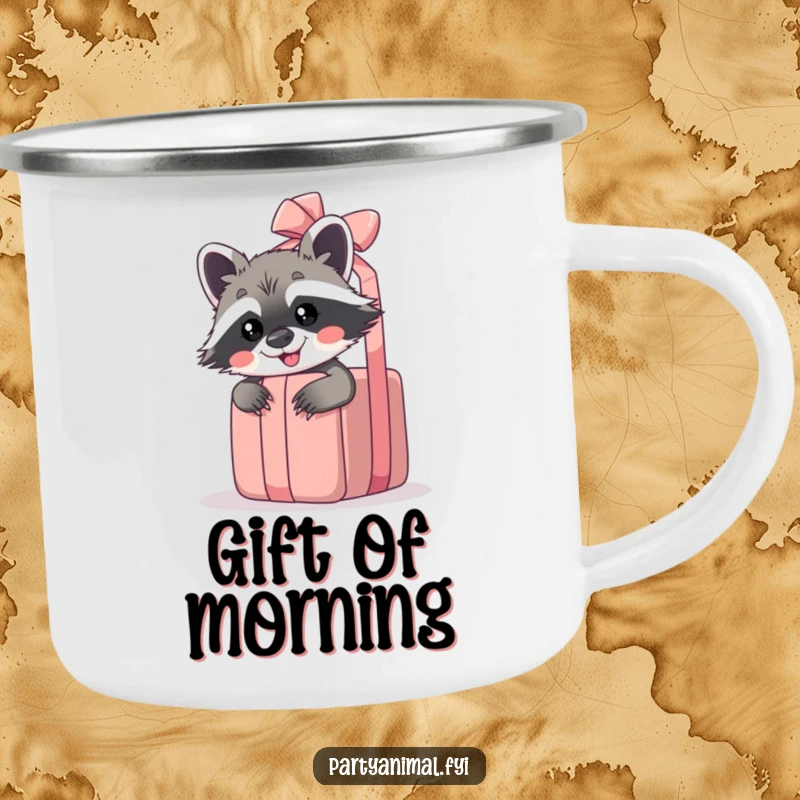 Funny raccoon camping mug with a giggling raccoon peeking from behind a giant unwrapped gift, perfect for outdoor fun.