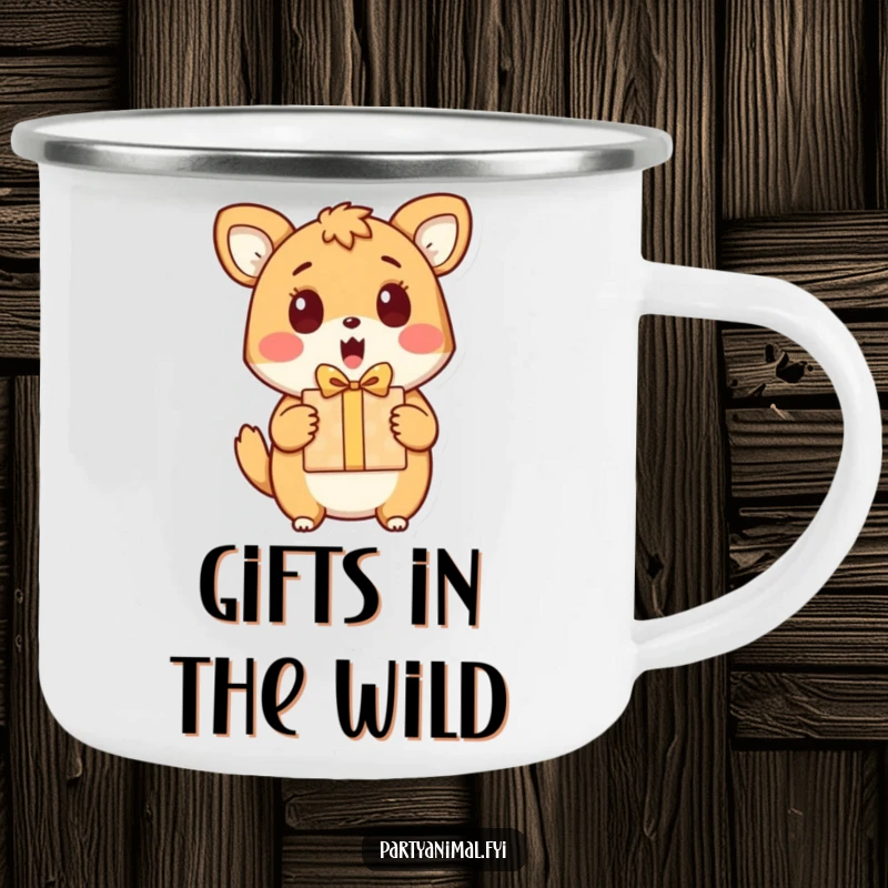 Funny camping mug with a surprised animal character receiving a gift, bringing humor to outdoor adventures.