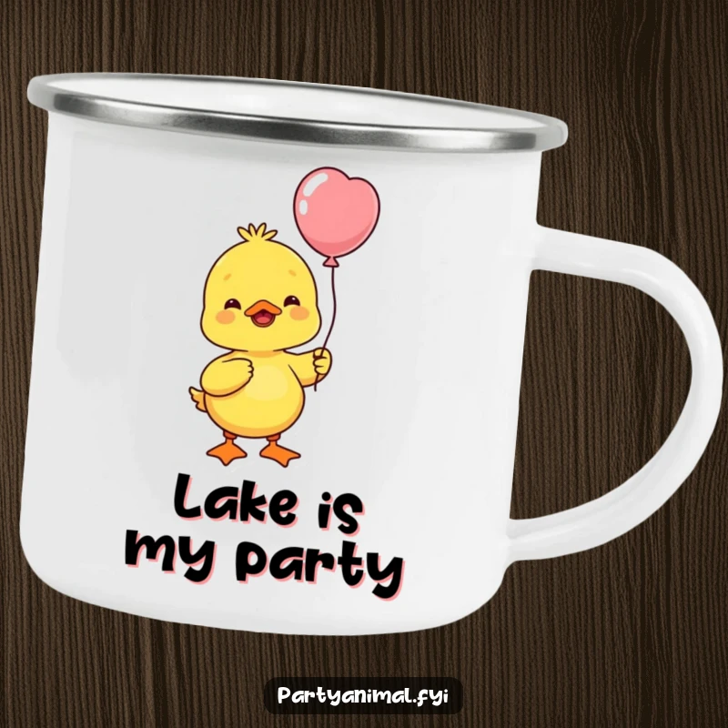 Funny yellow duck character holding a balloon, cheerfully bobbing its head, ready for outdoor adventures and smiles.