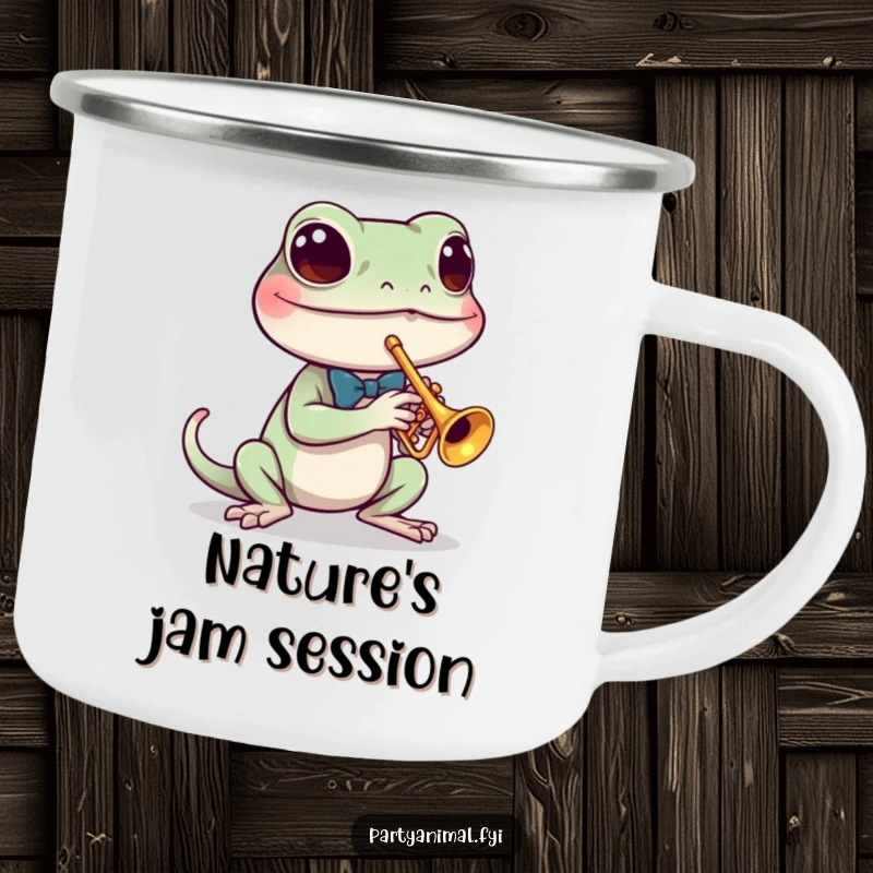 Funny camping mug depicting a dapper gecko playing a miniature trumpet, perfect for enjoying music and nature.