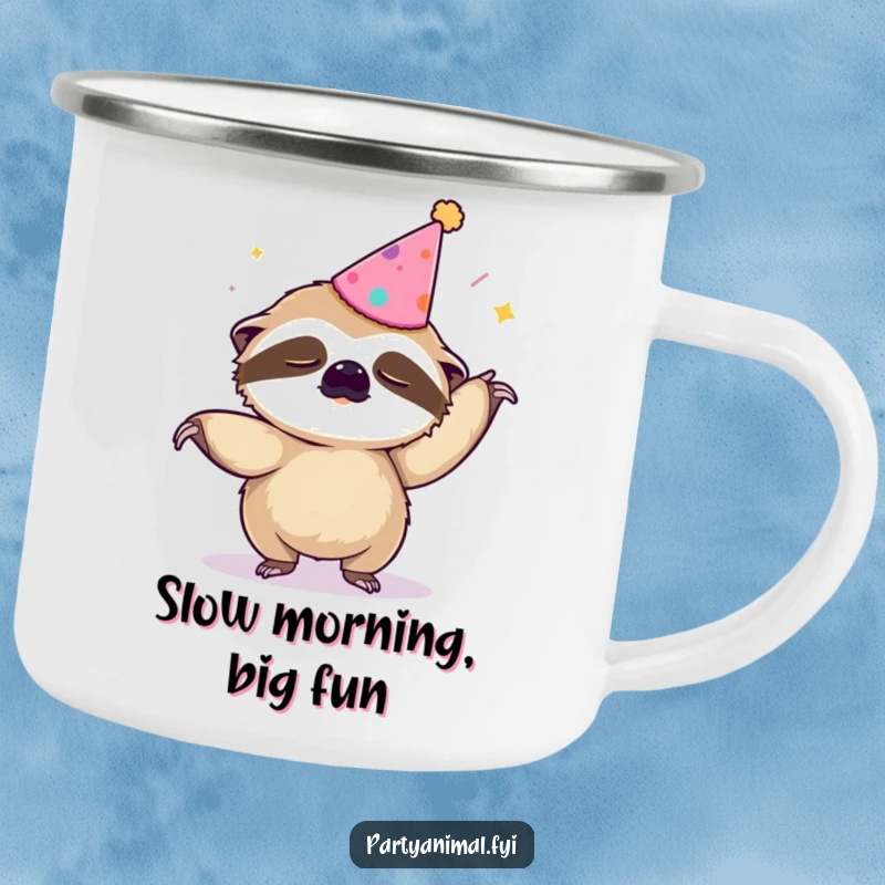 Funny enamel camping mug featuring a sleepy sloth in a party hat doing the Macarena, perfect for slow camp vibes.