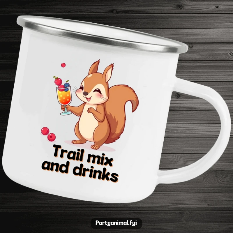 Funny enamel camping mug featuring a squirrel juggling small berry cocktails, perfect for outdoor enthusiasts and cocktail lovers.