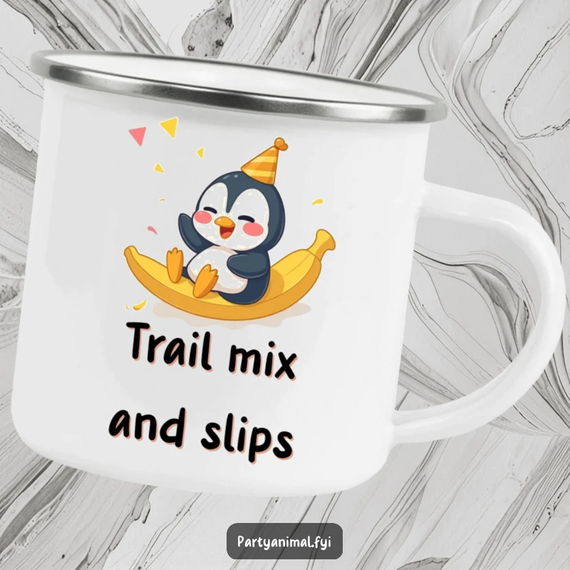 Funny giggling penguin character sliding on a banana peel at a party on a durable camping mug.