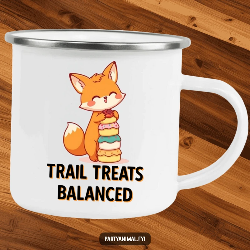 Funny camping mug showcasing a cute orange fox balancing a stack of tiny cakes, durable for outdoor adventures and charming for any beverage.