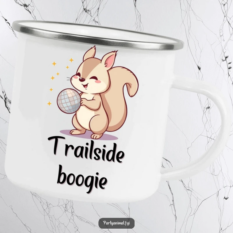 Funny camping mug featuring a lively squirrel spinning a disco ball with its tail, bringing party vibes to the great outdoors.