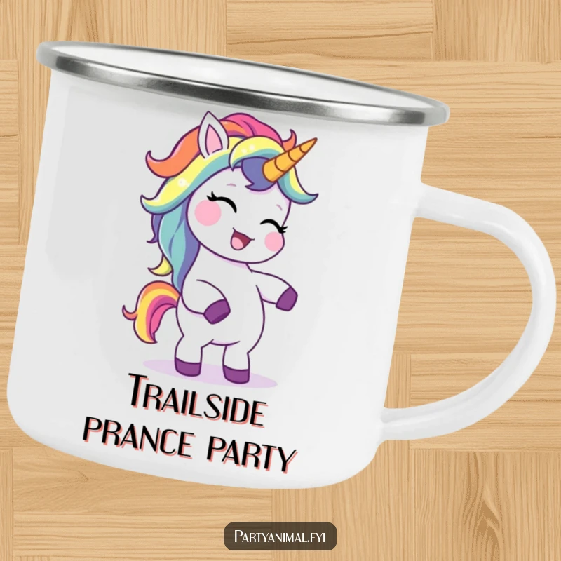 Funny unicorn camping mug, a giggling character with a rainbow mane, dancing sillily, ready for outdoor adventures and a good laugh.