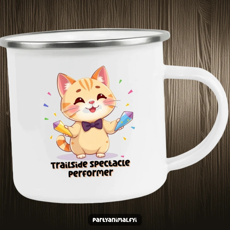 Funny camping mug featuring a smiling cat in a bow tie, juggling three colorful confetti cones, ready for the great outdoors.