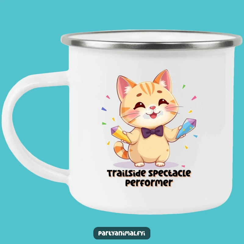 Funny Cat Bow Tie Camping Mug - Hilarious Confetti Juggling Adventure Gift