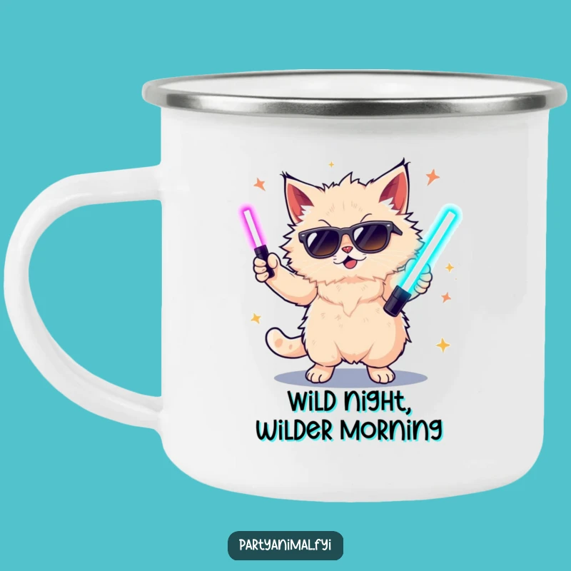 Funny Cat Dancing Camping Mug: Glow Stick Party Adventure Fuel, Gift