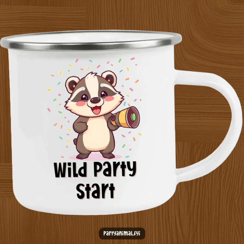 Funny Badger Camping Mug: A delighted badger erupts from a confetti cannon, ready to add a burst of fun to outdoor beverages.