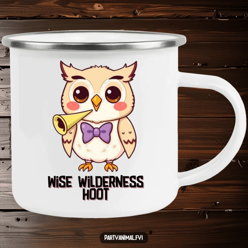 Funny Camping Mug depicting a sophisticated owl in a bow tie, blowing a party horn.