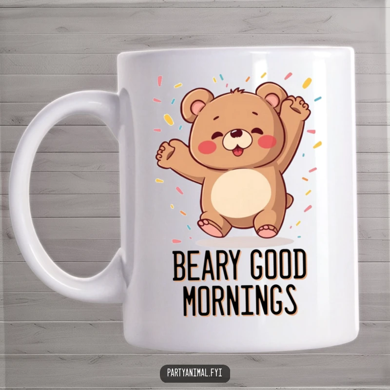 A chubby bear character dancing wildly with abandon, while colorful confetti rains down around it, on a ceramic mug.