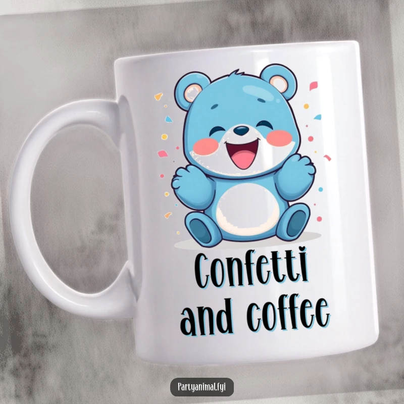 Funny blue bear character gleefully launching colorful confetti from its paws, expressing pure excitement and celebration.