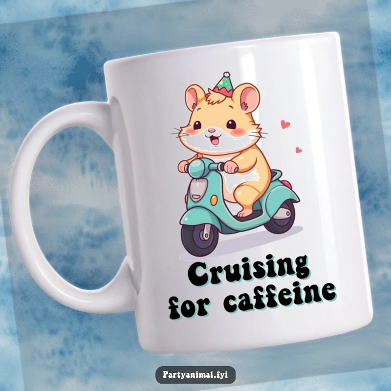 Funny Hamster Mug: A smiling hamster zooms joyfully on a tiny, decorated party scooter, radiating happiness and adventure.