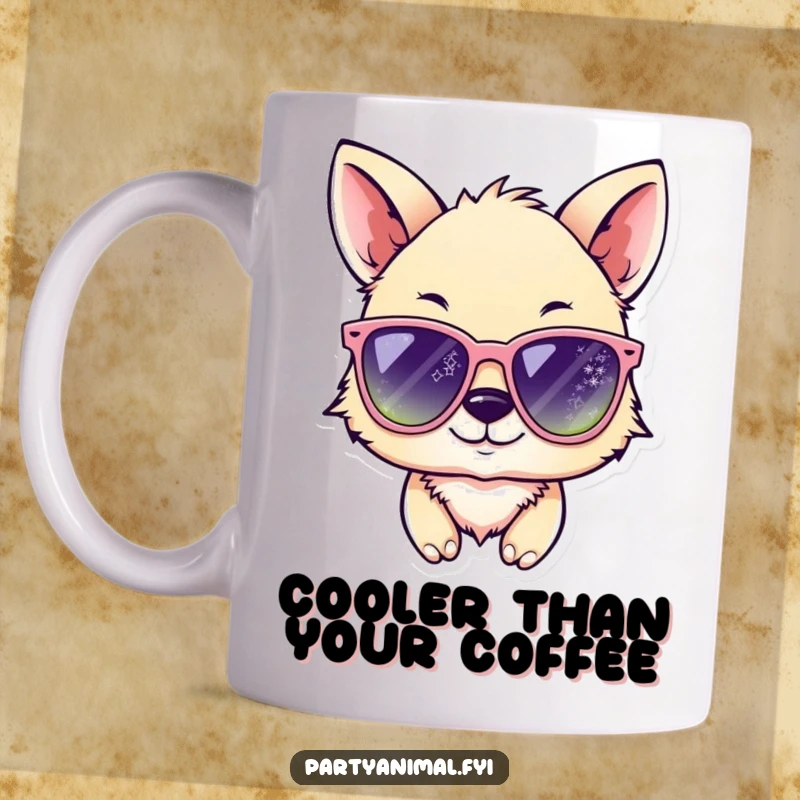 Funny animal character winking playfully while wearing large, shimmering sunglasses on a coffee mug, exuding coolness and humor.