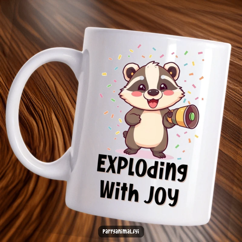 Funny Badger Mug: A delighted badger erupts from a confetti cannon, showering the viewer with colorful paper pieces and pure fun.