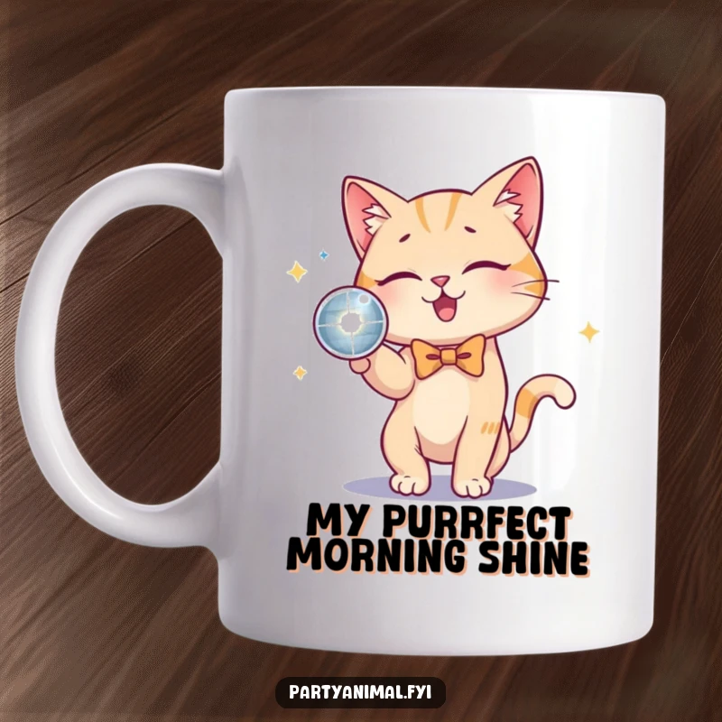 Funny Cat Bow Tie Disco Ball Mug: A playful cat in a bow tie enthusiastically bats at a sparkling disco ball, capturing nighttime fun.